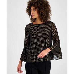 Kasper Blouse Womens Petite Size PXL Black Gold Polka Dot Ruffle Bell Sleeve $69